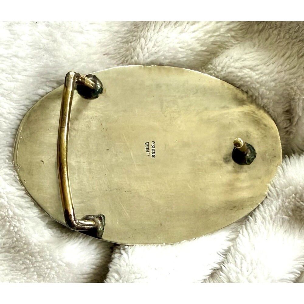 Alpaca Silver Oval Brass Aztec Celestial Sun Belt Buckle Crushed Turquoise Mex - Picture 3 of 4